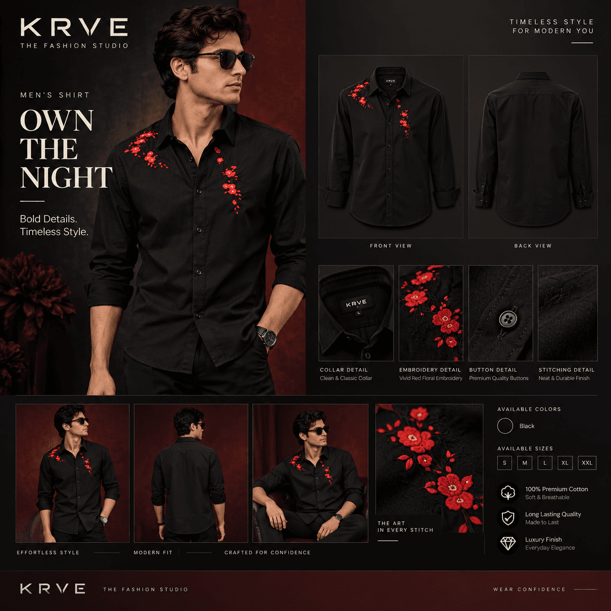 KRVE Black Floral Embroidered Shirt view 1